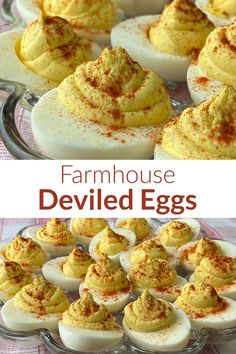 deviled eggs with cinnamon sprinkles on top and the words farmhouse deviled eggs