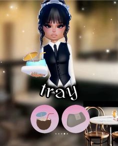 a girl holding a tray with a cake on it and the caption tray