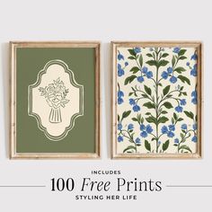 two framed paintings with blue flowers on them and the words, 100 free prints styling her life