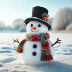 a snowman wearing a hat and scarf in the snow