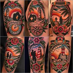 many different tattoos on the arms of people with lighthouses and sunflowers in them