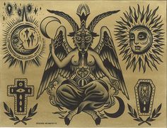 an old school tattoo design with sun, moon and demon