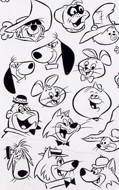 an old cartoon character sheet with many different faces and expressions, including the dog's head