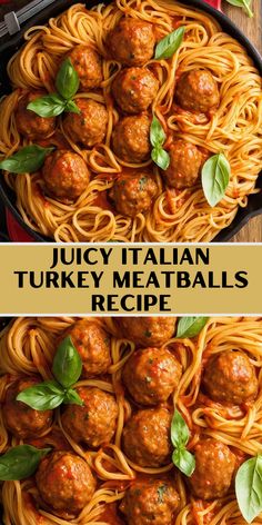 two pictures of spaghetti with meatballs and basil leaves on top, in a skillet