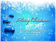 merry christmas card with blue balls and snowflakes on a light blue background photo