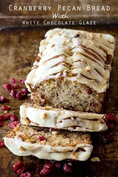 cranberry pecan bread with white chocolate glaze