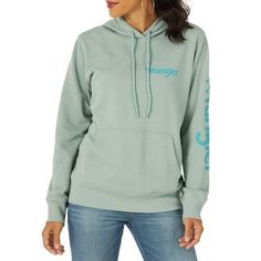 Ready to roast marshmallows by the fire? Be sure to grab this Long Sleeve Western Logo Hoodie from Wrangler to stay extra warm and cozy. Made with a warm cotton blend, this traditional womens hoodie has all the features you love including a warm and inviting kangaroo pocket, hoodie with drawstring for an adjustable fit, and ribbed cuffs on the sleeves. The vintage logo gives it an authentic cowboy vibe and the regular fit gives you plenty of snuggle room. Pair with your favorite sweats or jeans to complete the look. Size: S.  Color: Green.  Gender: female.  Age Group: adult. Wrangler Hoodie, Western Logo, Retro Jeans, Kids Outerwear, Retro Logo, Girls Jeans, Outerwear Women, Women's Tops, Long Sleeve Hoodie