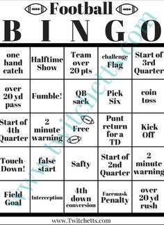 a football game board with the words,'football bingo'and other sports related items