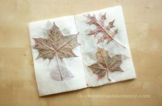 two napkins with leaves on them sitting on a wooden table next to each other