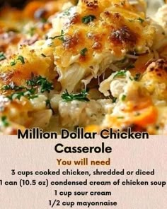 a menu for a chicken casserole dish with information about the recipe and ingredients