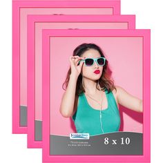 three pink frames with a woman wearing sunglasses and headphones in front of a pink background