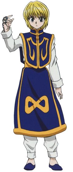 an anime character with blonde hair wearing a blue and yellow outfit, standing in front of a