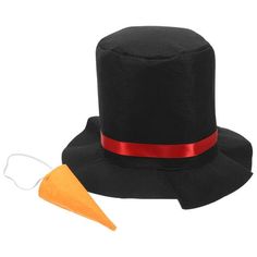 a black hat with a red ribbon around the brim and an orange carrot next to it