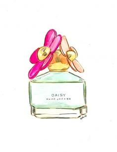 a drawing of a perfume bottle with pink flowers in it