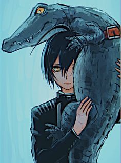 an anime character is hugging a large alligator