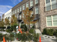 an apartment building with trees and orange cones