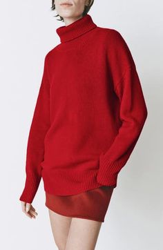 Dropped shoulders frame this longline turtleneck sweater knit from a woolly cashmere-kissed blend. 27 1/2" length (size Medium) Turtleneck Long sleeves Ribbed cuffs and hem 70% wool, 30% cashmere Dry clean Imported Red Cashmere Winter Top, Luxury Red Classic Sweater, Red Knit Turtleneck Sweater, Burgundy Cashmere Sweater, Red Soft Knit Turtleneck Sweater, Favorite Daughter, Tunic Sweater, Loungewear Shorts, Sweater Knit