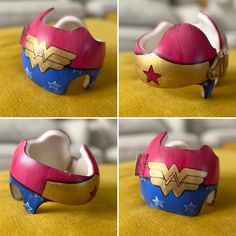 four photos of the inside of a wonder woman's helmet, on a yellow surface