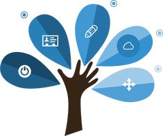 a hand reaching up to a blue tree with icons coming out of it and below