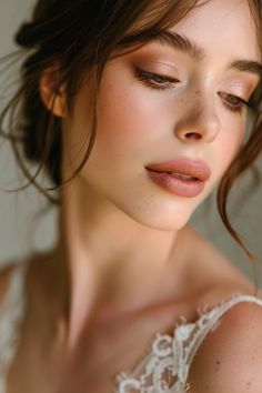 a woman with her eyes closed wearing a wedding dress