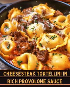 Delicious Cheesesteak Tortellini in a Rich Provolone Sauce: Savory tortellini stuffed with beef and cheese, smothered in a creamy, gooey Provolone sauce, and garnished with fresh herbs. Perfect comfort food with a twist!" Beef Tortellini, Cubed Beef Recipes, Cheese Stuffed Meatloaf, Mexican Casserole Recipe, Ground Beef Casserole Recipes, Chicken Parmesan Pasta, Chicken Pasta Bake, Bacon Stuffed Mushrooms