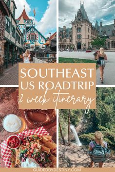 a collage of photos with the words southeast us road trip, a week itinerary