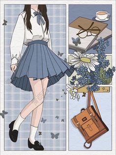 an illustration of a woman in a blue skirt and white shirt holding a brown purse