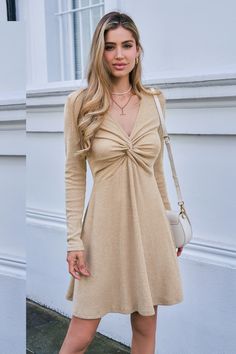 The Khaki V-Neck Knotted Long Sleeve Dress is a sophisticated choice for any occasion. Featuring a flattering V-neckline and a chic knotted detail at the waist, this dress offers both style and comfort. Its neutral khaki tone makes it versatile and easy to accessorize, perfect for both casual and formal settings. Featured Line: DAWN Product code: CAA05A4J044GG Features:  Knit V-neckline Long sleeves Knotted Mini Wash Method: Regular Wash Material: 60%POLYESTER,35%RAYON,5%SPANDEX. Sleeve Dress, Cardigans, Women's Clothing, Perfect Fit, Long Sleeve Dress, Long Sleeves, Spandex, V Neck, Knitting