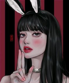 a digital painting of a woman with long black hair and bunny ears on her head