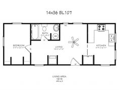 the floor plan for a two bedroom cabin with an attached kitchen and living room area