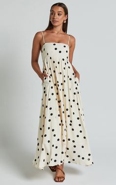 Miriam Midi Dress - Strappy Straight Neck A Line Dress in Beige & Black Spot | Showpo USA Maxi Sundresses, Up Date, Basic Black Dress, Neon Outfits, Spring Maxi Dress, Navy Bridesmaid Dresses, Strappy Dress, Dress Linen, Beige And Black