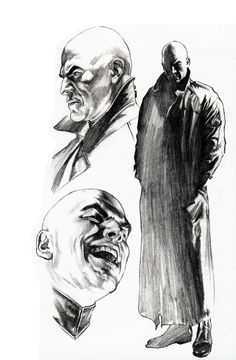 some black and white drawings of two men with their faces drawn in different ways, one is