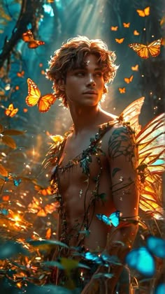 a man with tattoos and butterflies on his chest standing in the woods, surrounded by grass