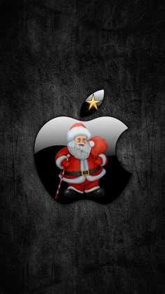 an apple logo with santa clause on it and a gold star in the background,