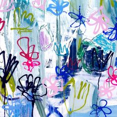 an abstract painting with blue, pink, and green flowers on it's side