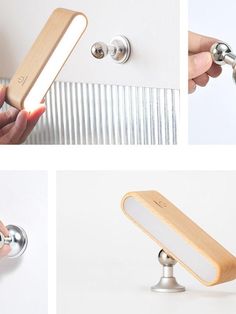 three different images of the door handle and knobs on a white wall, one with a wooden cover