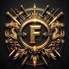 the letter f in gold surrounded by swords