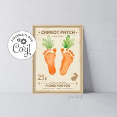 an orange poster with two feet and carrots on it, in front of a white wall