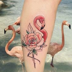 a flamingo and rose tattoo on the leg