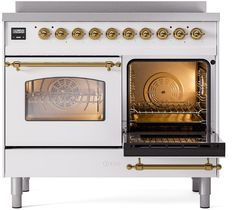 an oven with two burners and gold trimmings on the front, one door open