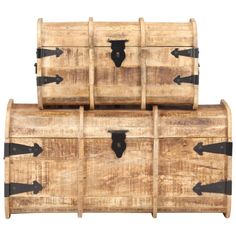 two wooden trunks with black handles and arrows on the top, one is made out of wood