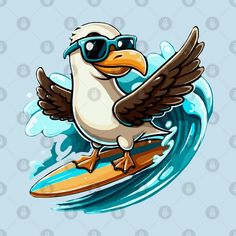 a cartoon seagull with sunglasses riding on a surfboard in the ocean waves