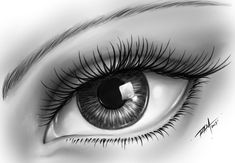 an eye with long lashes is shown in this black and white drawing by artist mark stewart