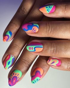 Bright Colour Nail Designs, 60s Nail Art, Rave Nails Festivals, Crazy Nail Art Unique, Edc Nails Designs, Rave Nails Designs, Festival Nail Ideas, Rave Nails, Acrylic Nail Ideas