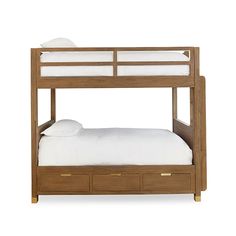 a wooden bunk bed with white sheets and pillows on it's bottom shelf, against a white background