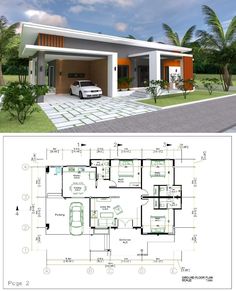 two story house plans with garage and living room in the middle, one bedroom on each floor