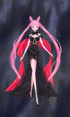 an anime character with long pink hair wearing a black dress and red cape over her head