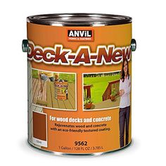 a can of deck - a - new wood decking and concrete paint on a white background