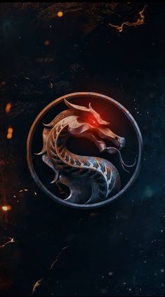 an image of a fire breathing dragon in the middle of a circular logo on a dark background