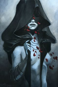 a painting of a woman with blood on her face and hood over her head, holding a knife